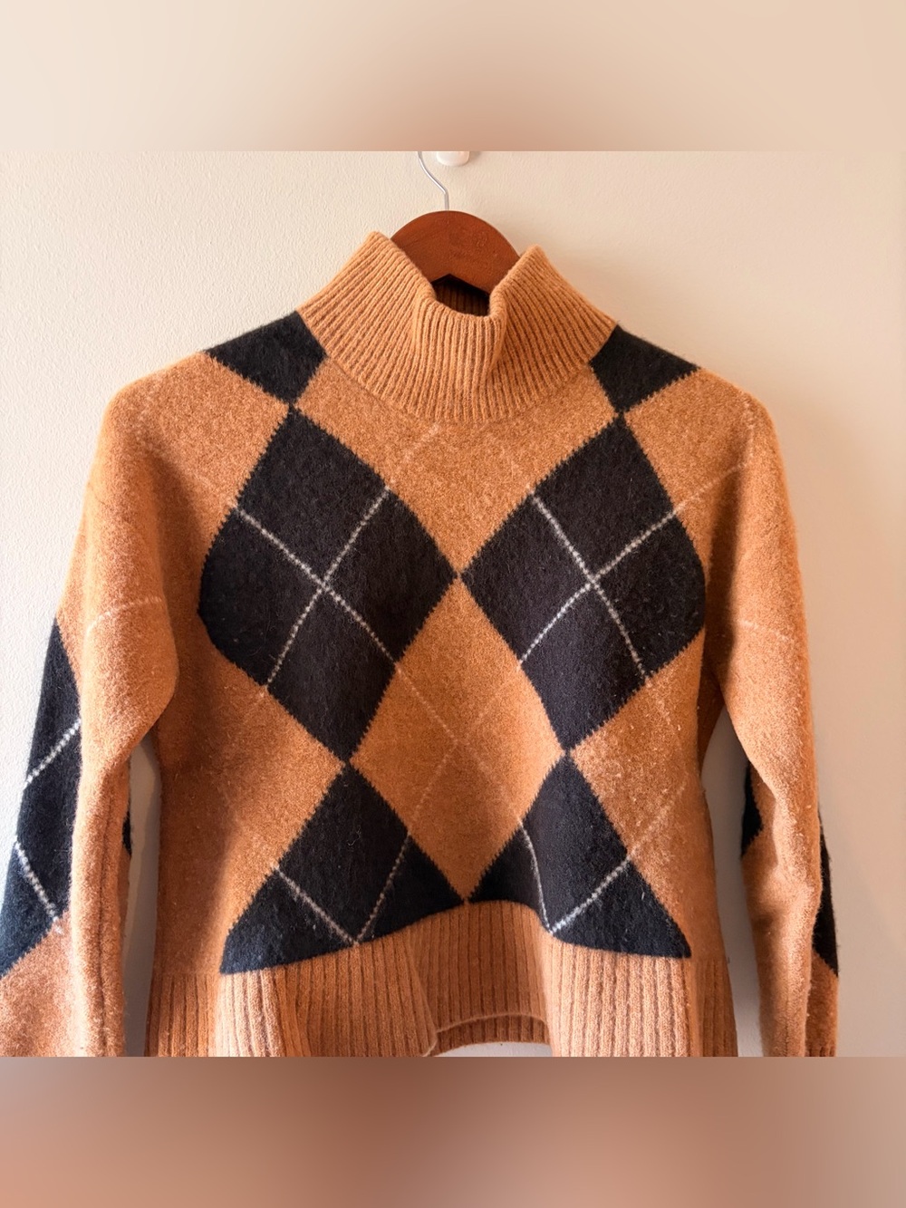 Everlane Size Medium Felted Merino Argyle Mockneck Sweater Brown Black - Picture 5 of 7